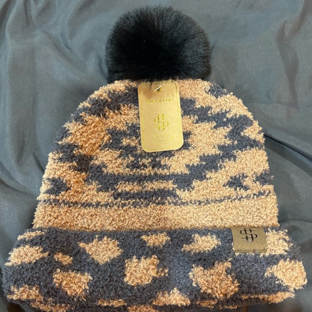 Simply Southern Black and Tan Pom-Pom Beanie